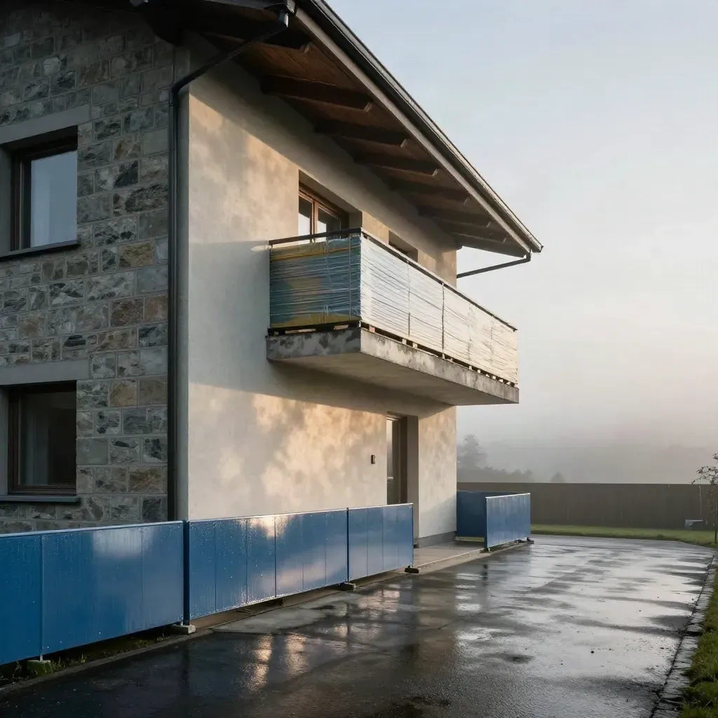 Neubauhaus mit frischer Fassade, nasser Zufahrt und aufgestapelter Dämmung im Morgenlicht