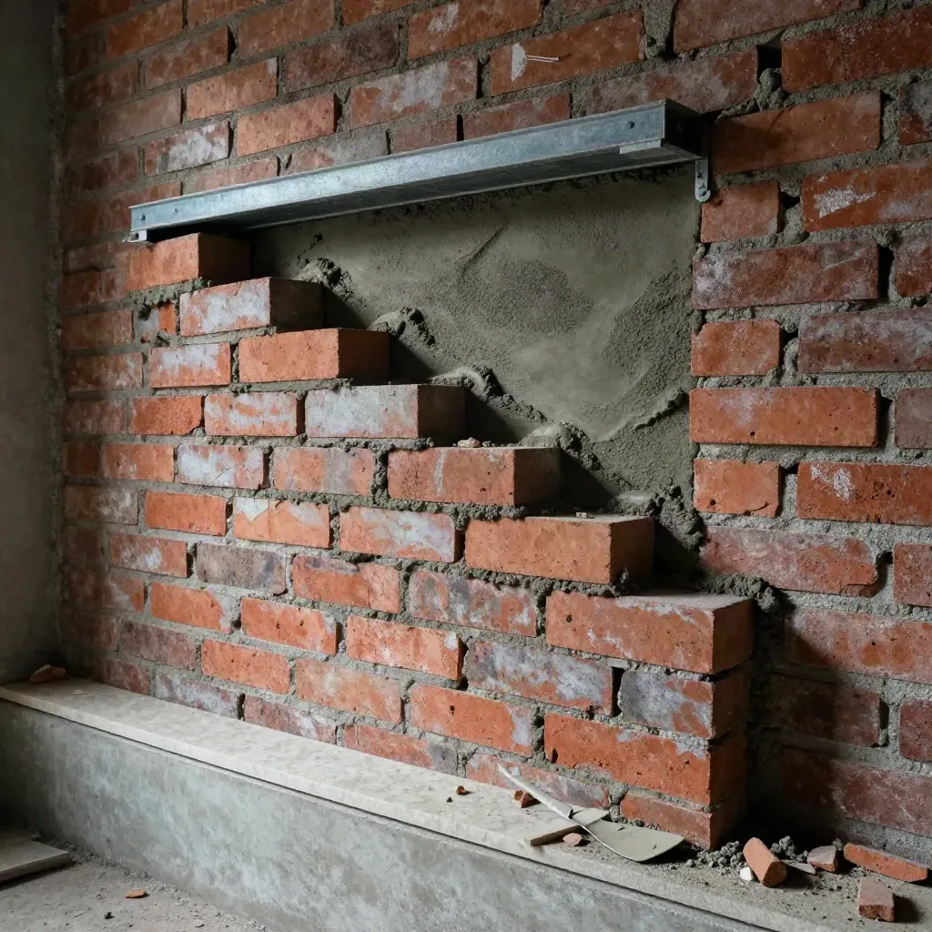 Rohbau-Maueröffnung mit Sturz, Hohlblocksteinen und frischem Mörtel