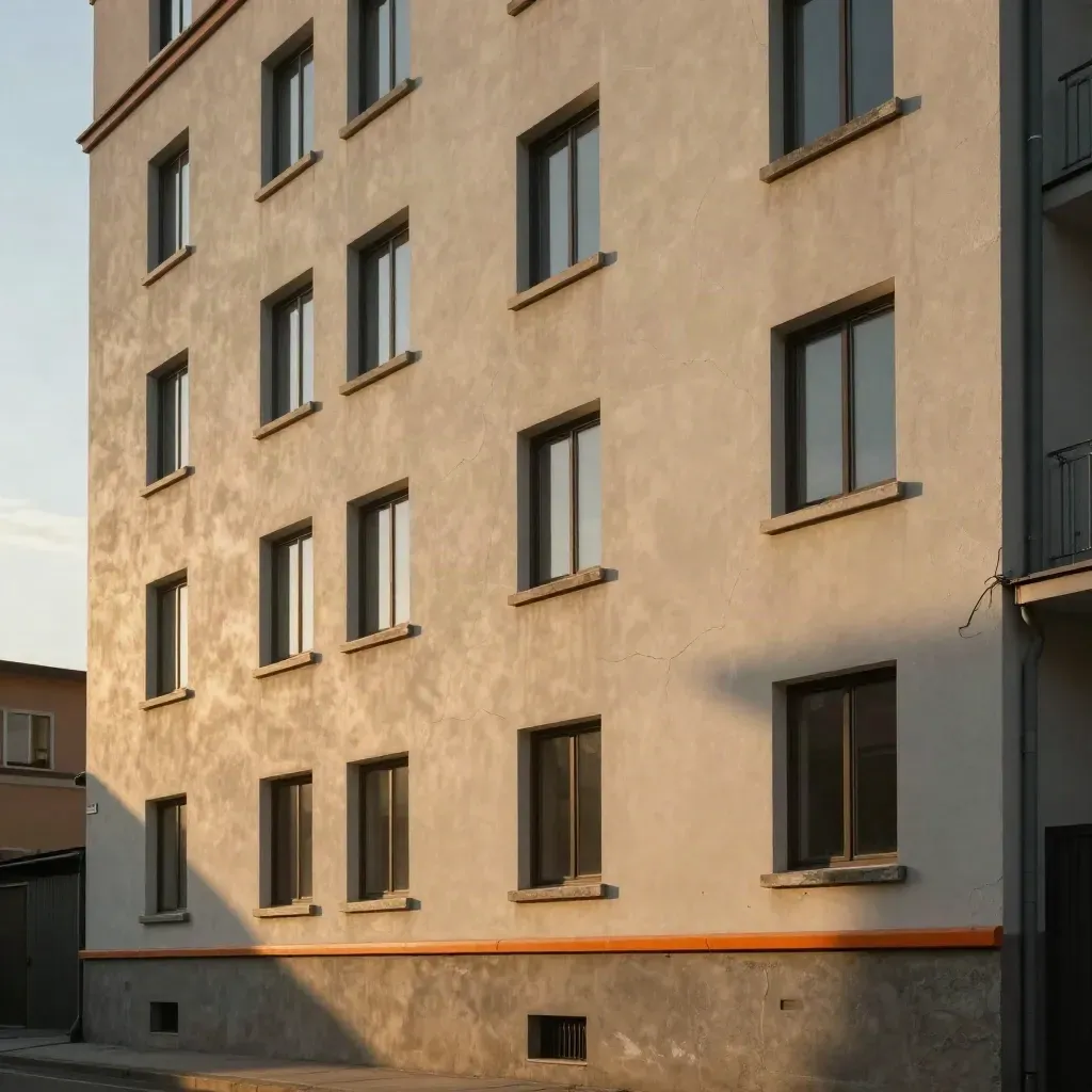 Erneuerte Mehrfamilienhaus-Fassade mit frischem Putz und klaren Treppenhausfenstern im Abendlicht