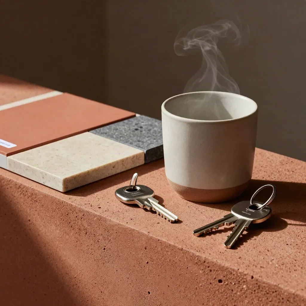 Steinmuster, Tasse, Schlüssel und Kartenhalter auf einer Terrakotta-Mauer mit Tageslicht