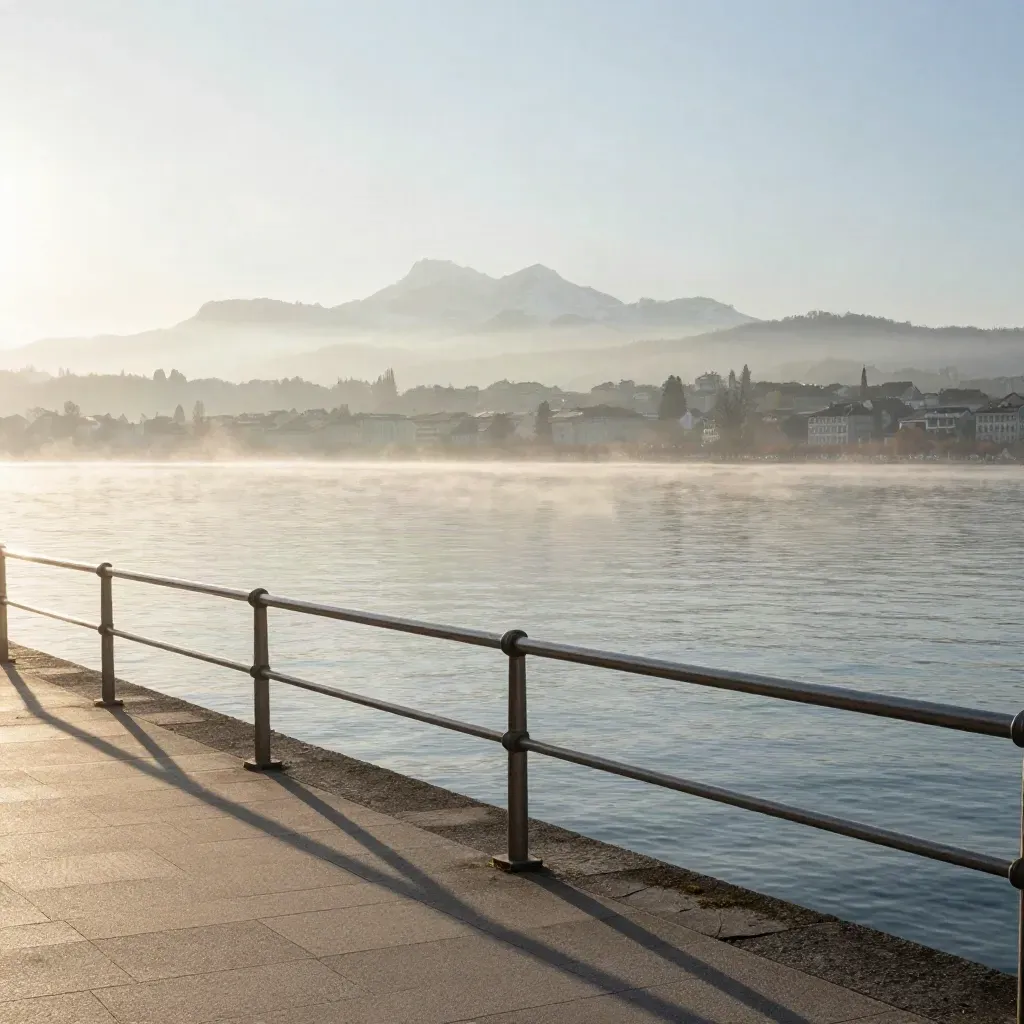 Blick über den Zürichsee auf Stadtgrat und Uetliberg im warmen Morgenhaze.